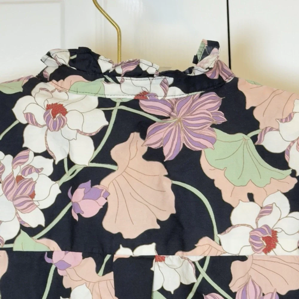 Who What Wear Black Pink Green Floral Blouse Puff Sleeve Ruffle Collar Women's S